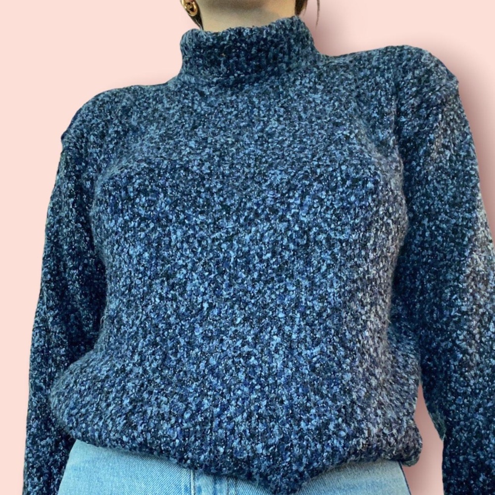 Beautiful furry knit turtleneck in a blend of different shades of blue.